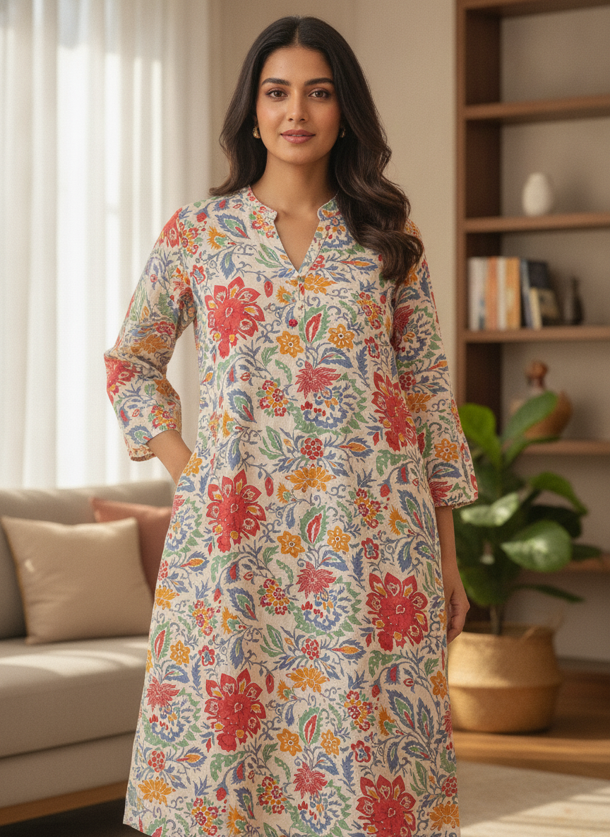 Multi-colored Floral Print Cotton Kurti