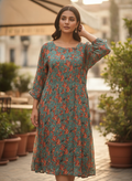 Teal Floral Printed Relaxed Fit Dress