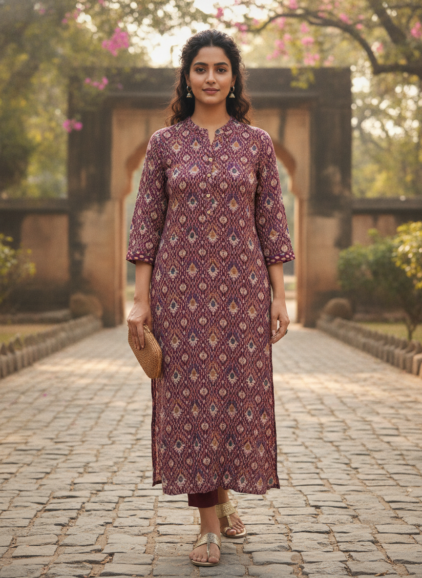 Women's Wine Ethnic Print Rayon Kurti