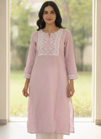 Pink Embellished Cotton Kurti