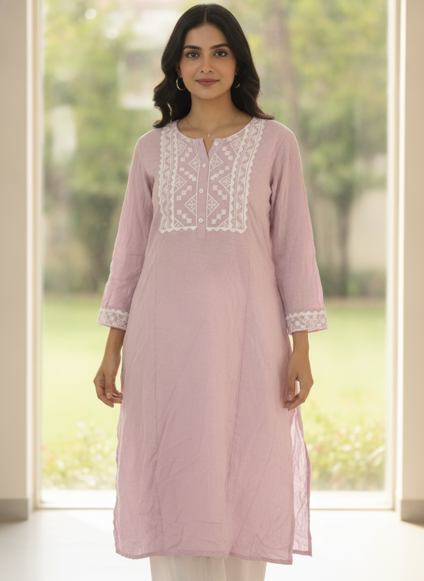 Pink Embellished Cotton Kurti