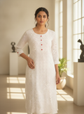 White Printed Straight Kurti with Red Buttons