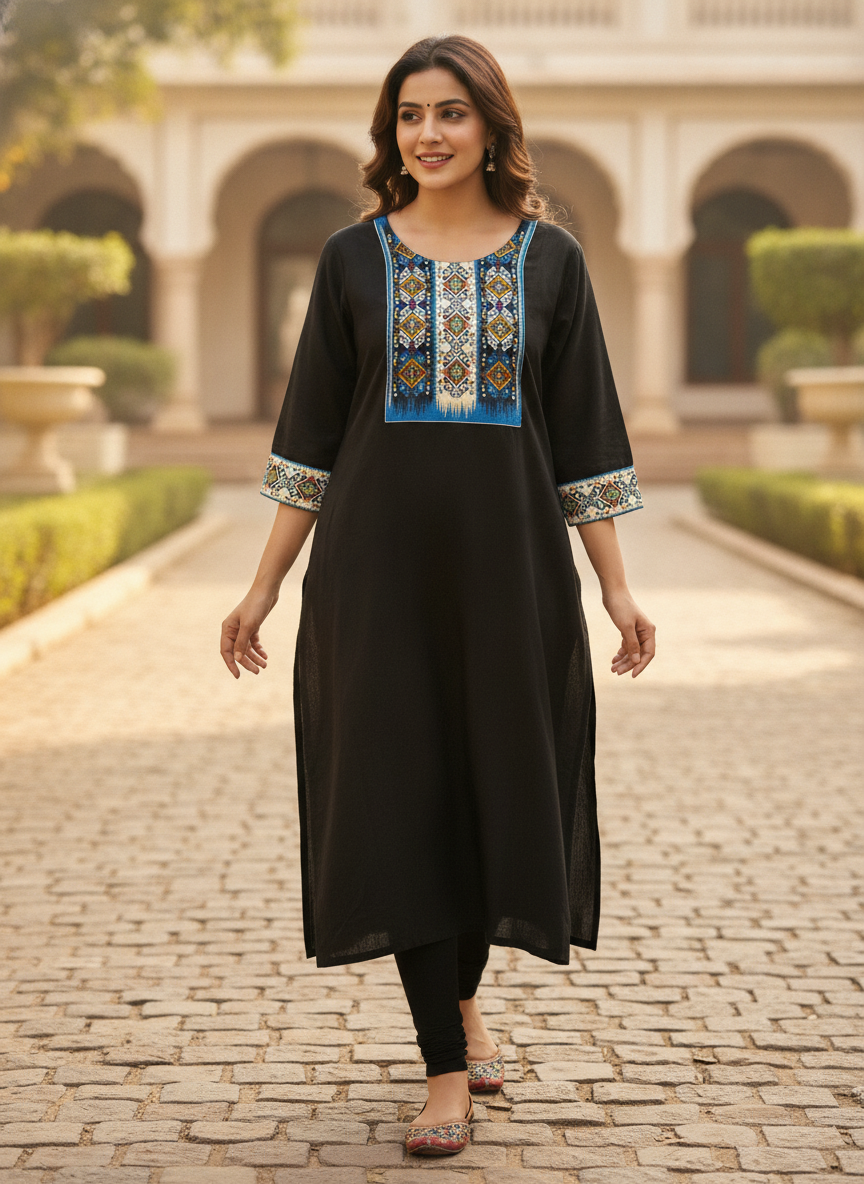 Black Ethnic Print Straight Kurti