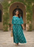 Teal Ethnic Print Layered Casual Dress