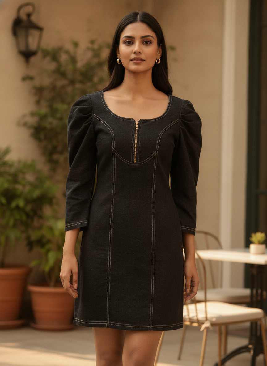 Black Denim Puff Sleeve Mini Dress with Front Zipper