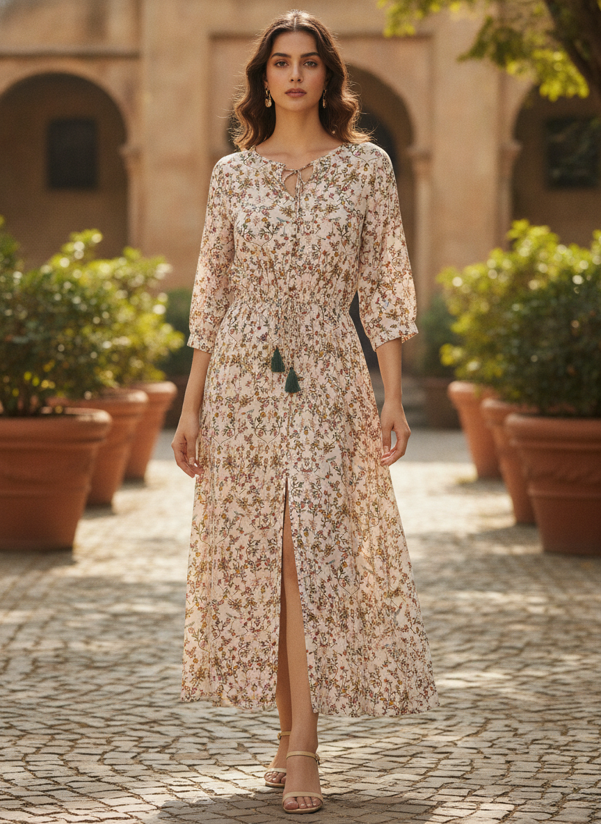 Off White Floral Printed Relaxed Fit Midi Kurti