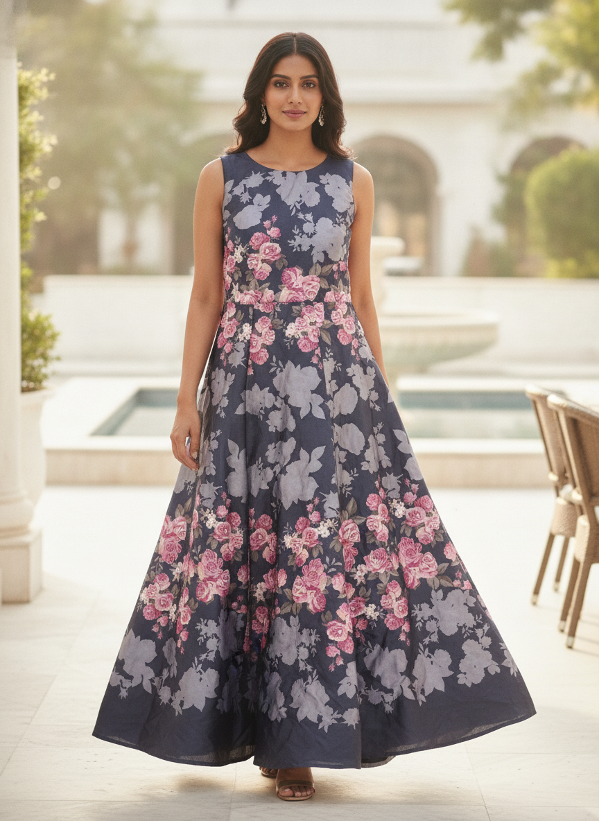 Women's Navy Blue Floral Printed Flared Dress