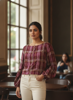 Women's Burgundy Plaid Regular Fit Full Sleeve Top