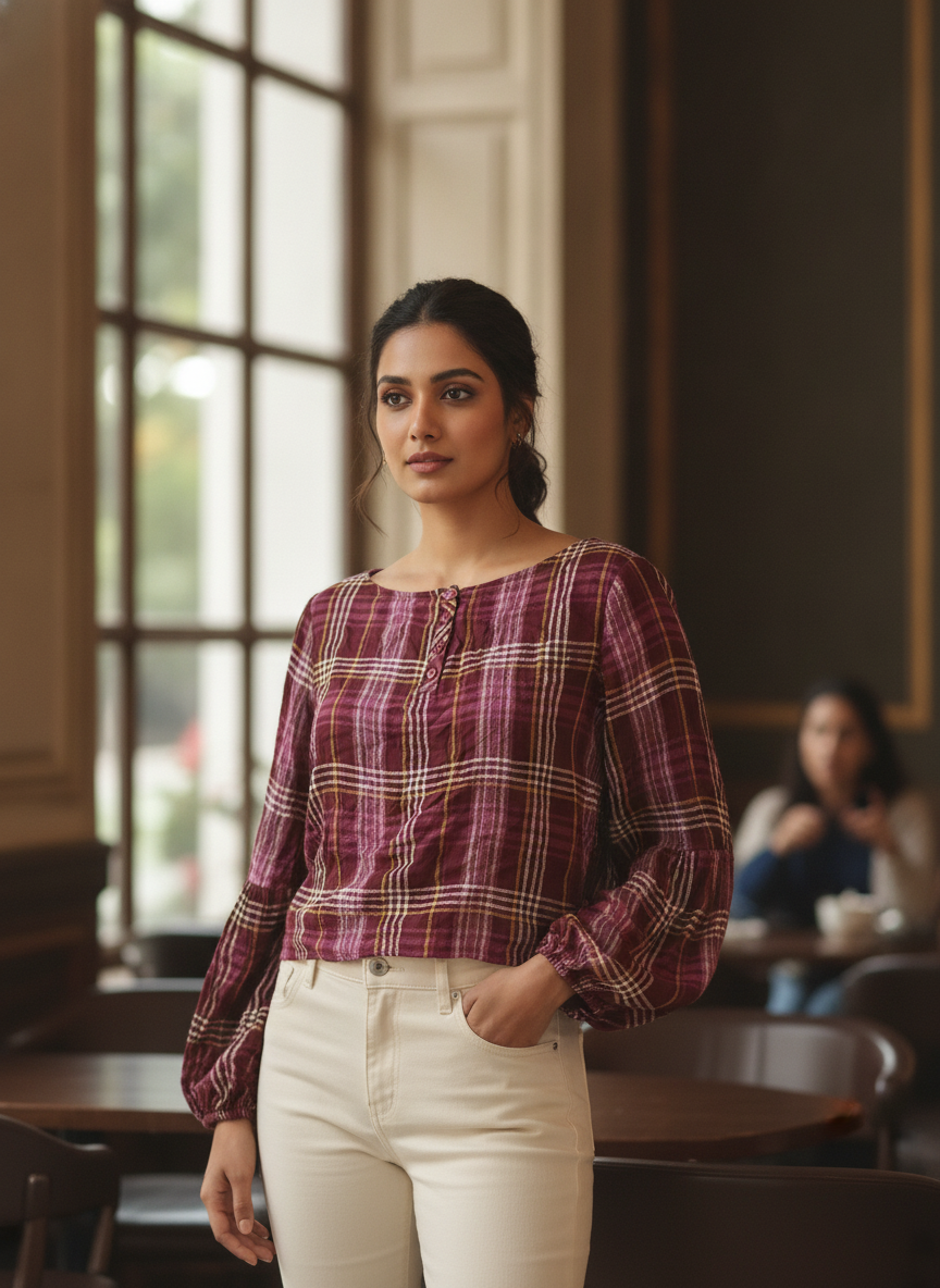 Women's Burgundy Plaid Regular Fit Full Sleeve Top
