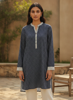 Women's Navy Printed Tunic Top with Mandarin Collar