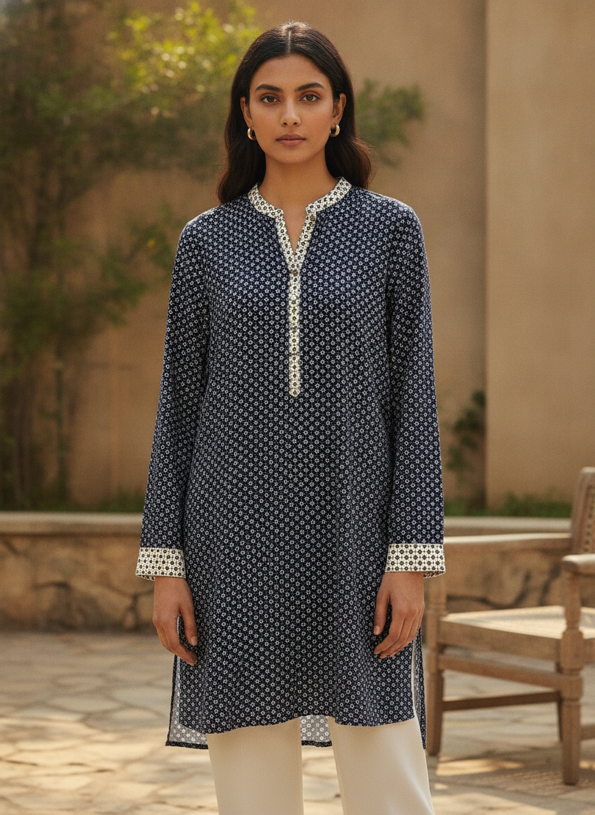 Women's Navy Printed Tunic Top with Mandarin Collar