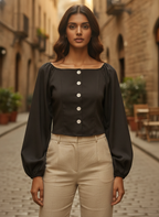 Dark Grey Solid Full Sleeve Crop Top