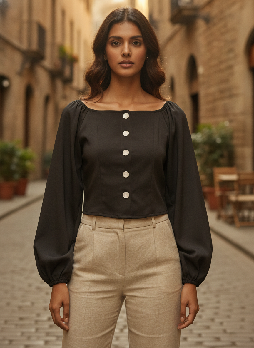 Dark Grey Solid Full Sleeve Crop Top