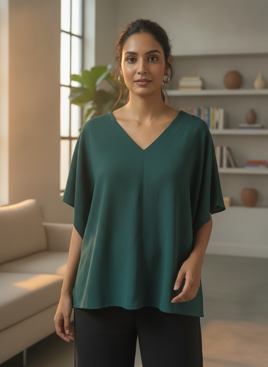 Women's Dark Green V-Neck Relaxed Fit Solid Top