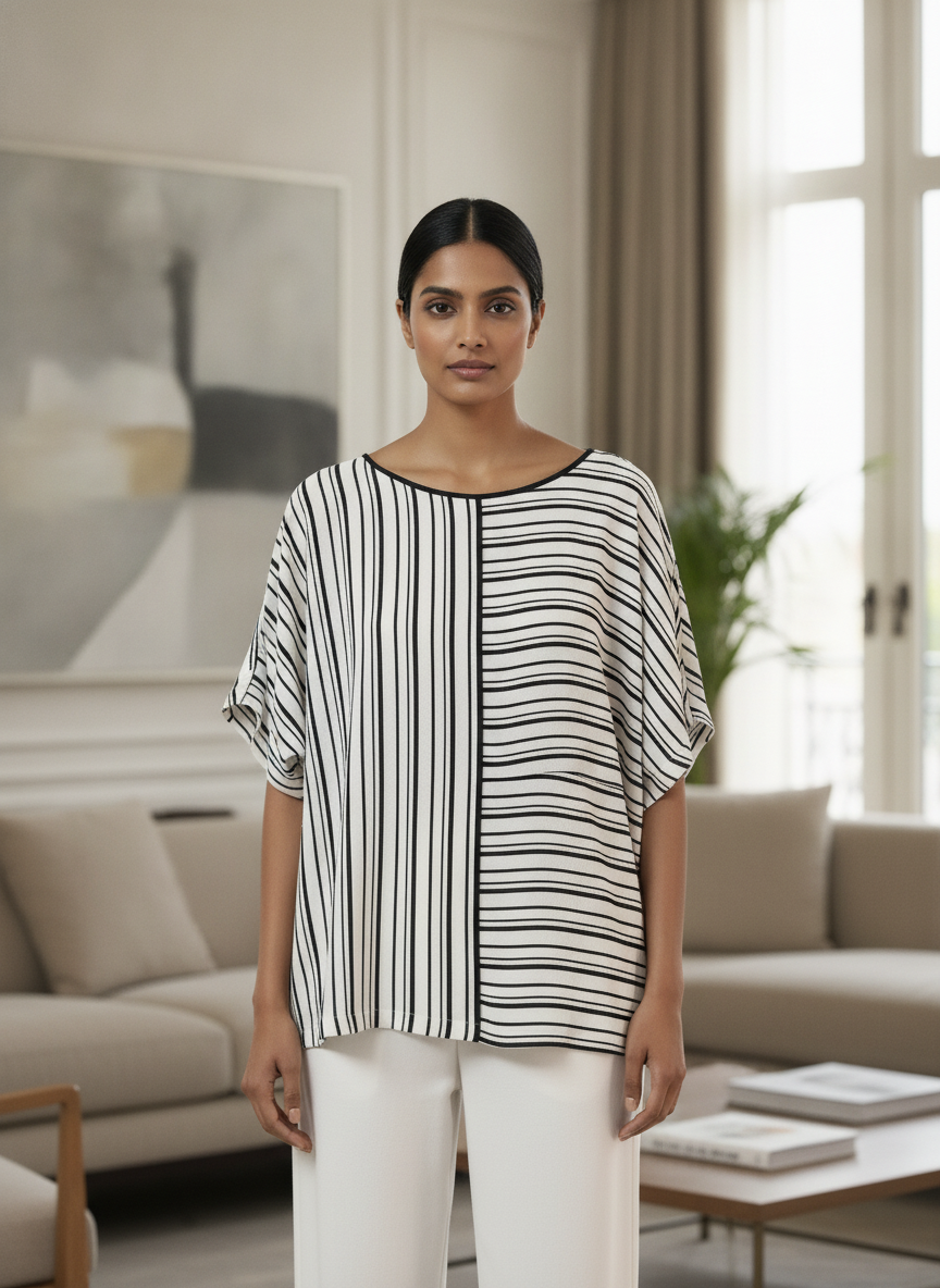 Black and White Striped Relaxed Fit Top