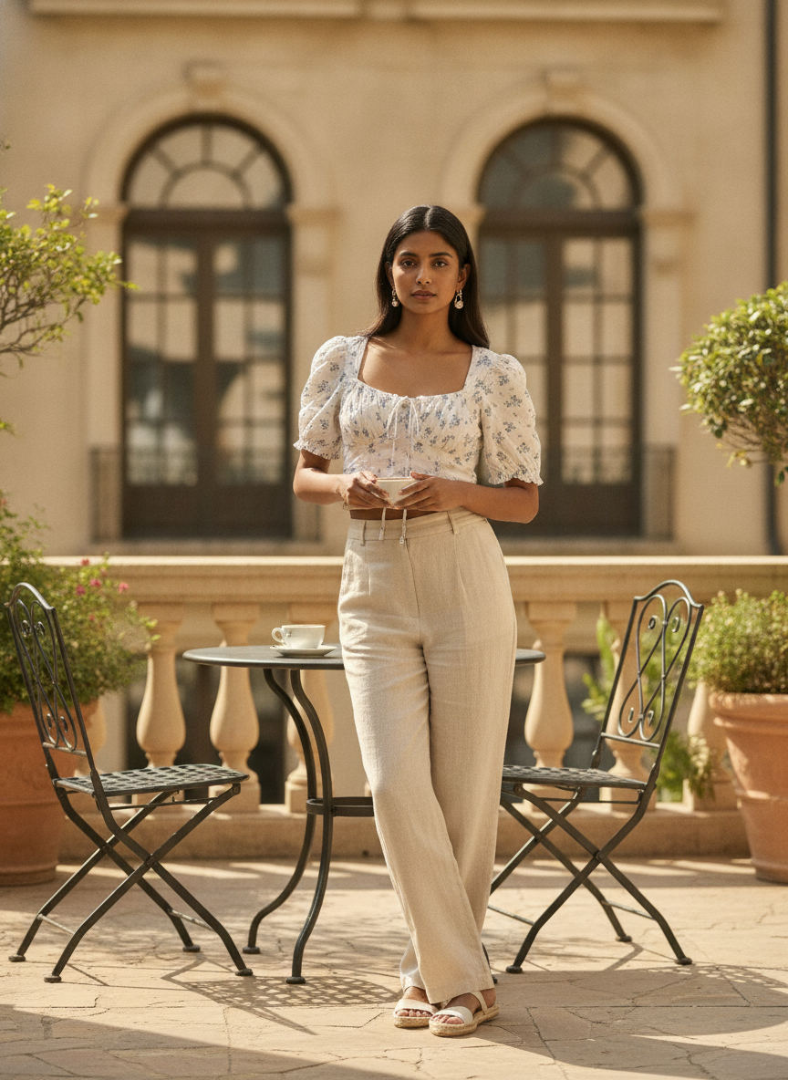 Off White Floral Printed Smocked Crop Top