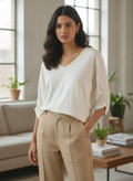 Off White Solid V-Neck 3/4 Sleeve Top
