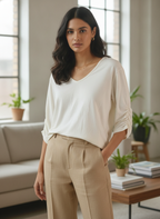 Off White Solid V-Neck 3/4 Sleeve Top