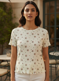 Women's Off White Floral Printed Ribbed T-Shirt