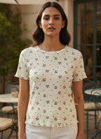 Women's Off White Floral Printed Ribbed T-Shirt