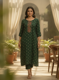 Women's Dark Green Printed Kurti with Embroidered Yoke