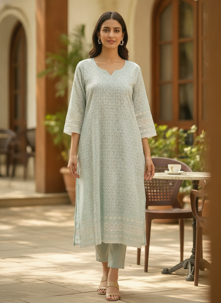 Sky Blue Embroidered Cotton Kurti
