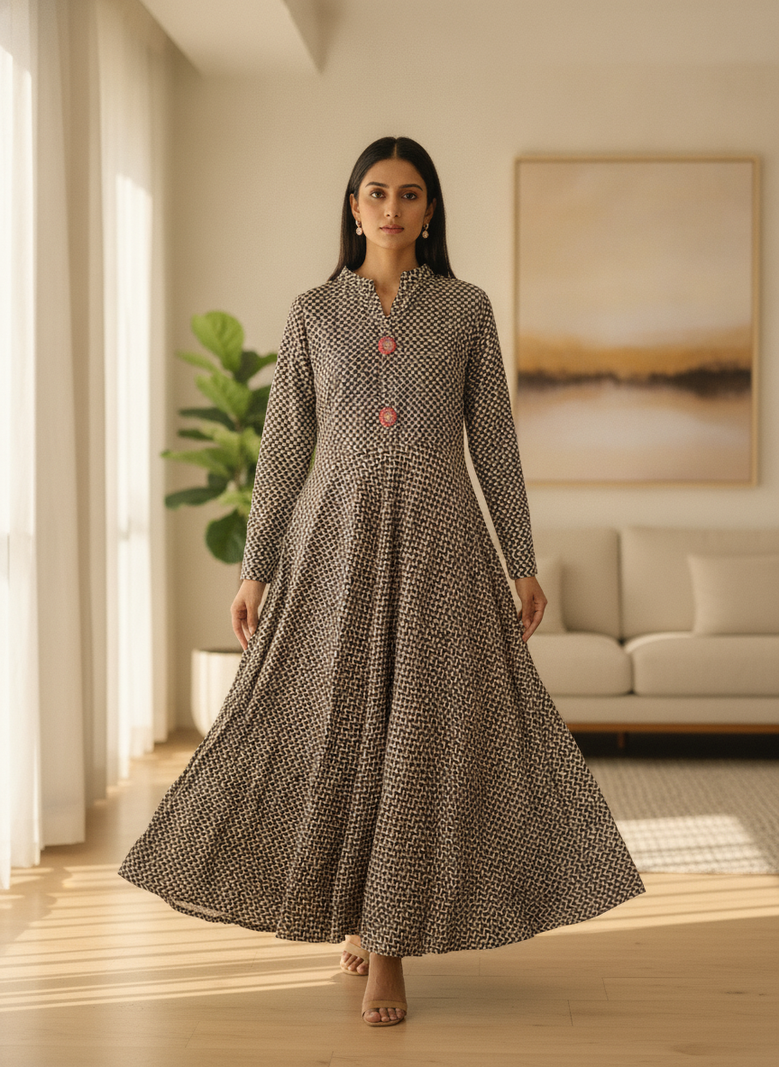 Brown Geometric Print Flared Dress