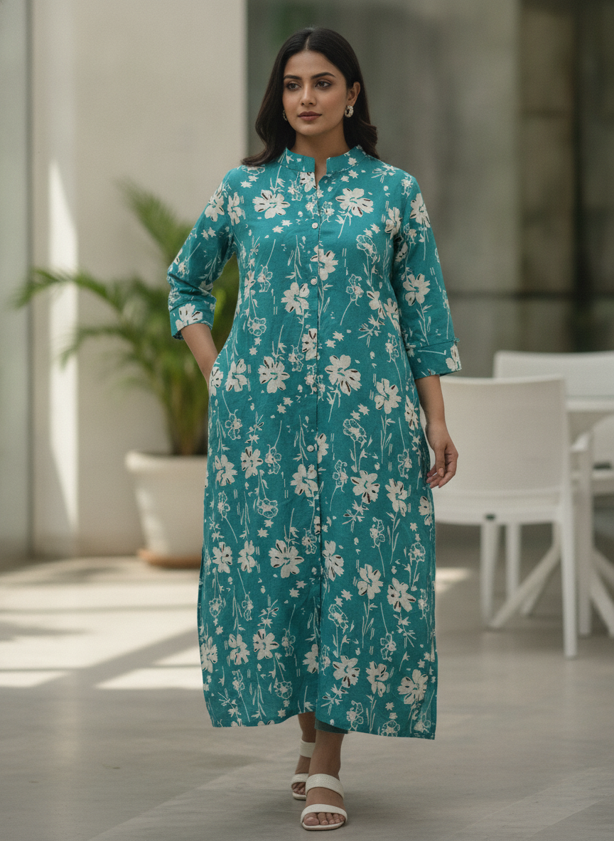 Turquoise Floral Print Cotton Kurti for Women