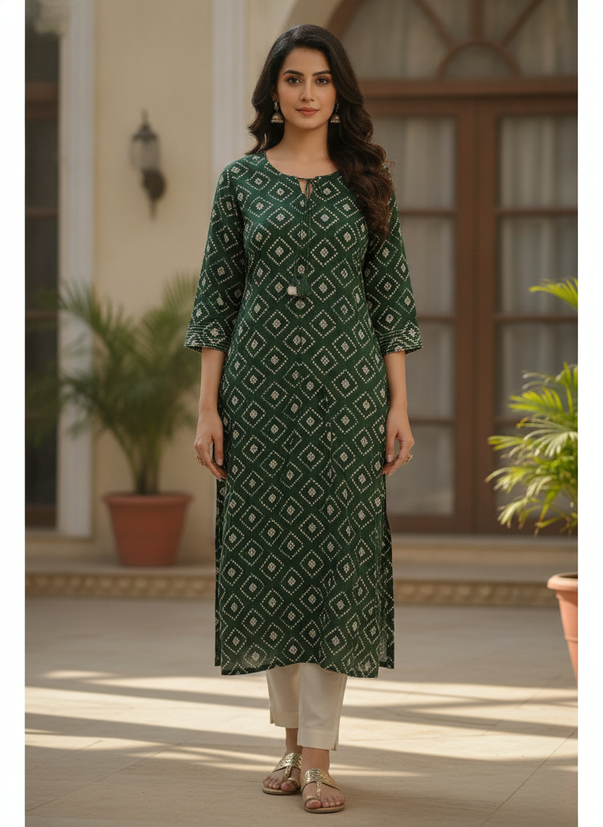 Women's Dark Green Ethnic Print Regular Fit Kurti