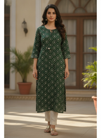Women's Dark Green Ethnic Print Regular Fit Kurti