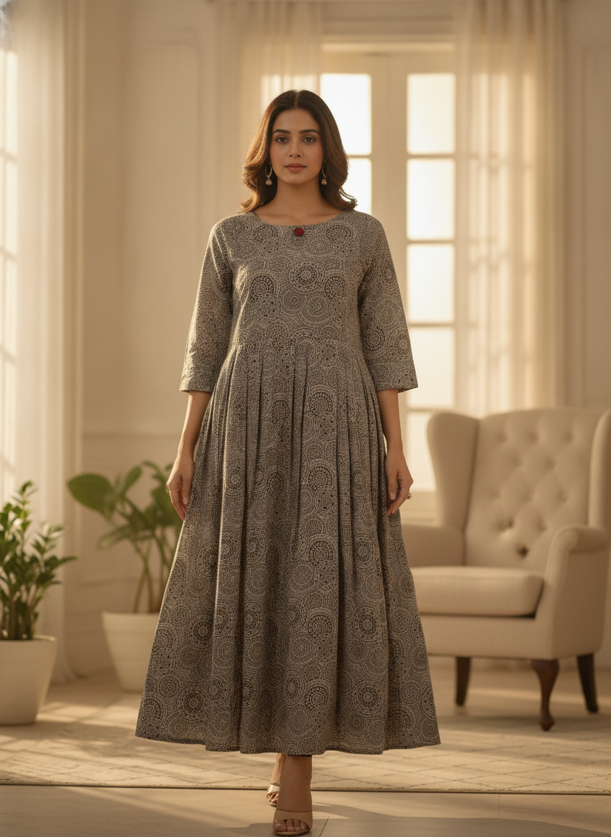 Grey Ethnic Print Flared Kurti