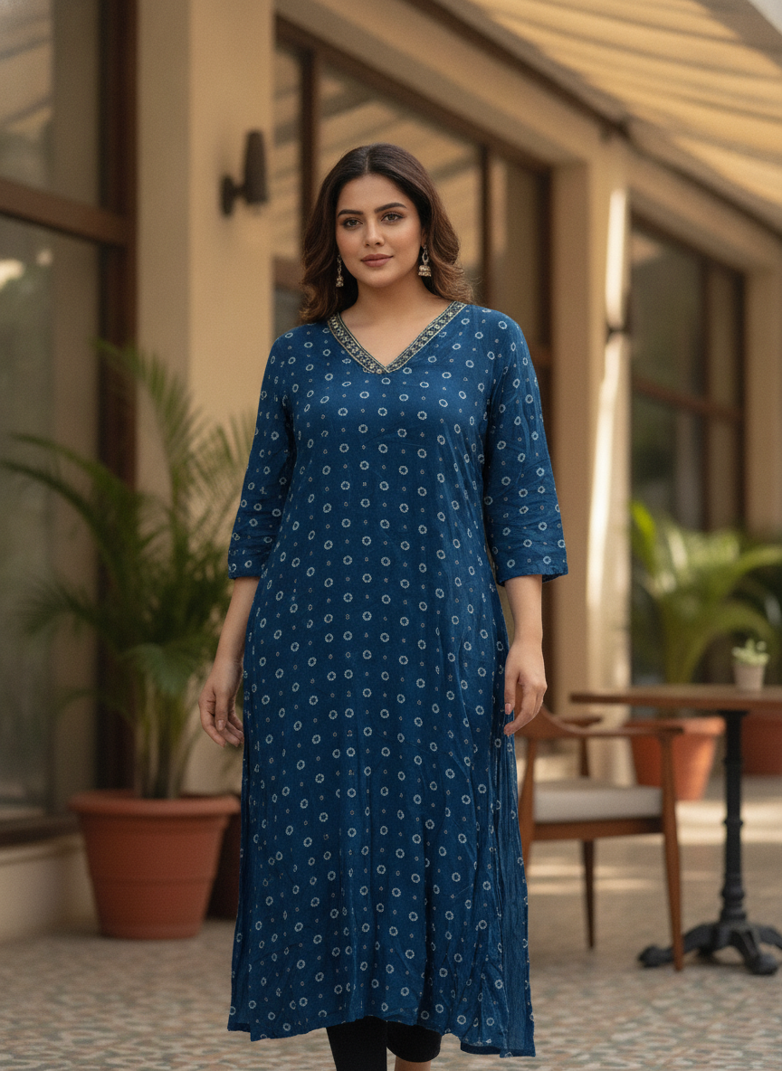 Women's Dark Blue Printed Embellished V-Neck Kurti