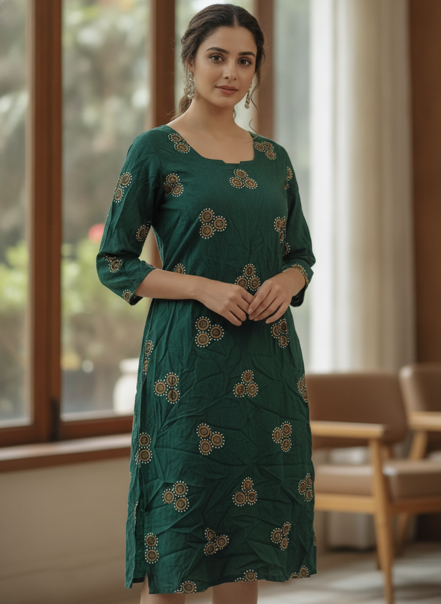 Dark Green Ethnic Print Regular Fit Kurti