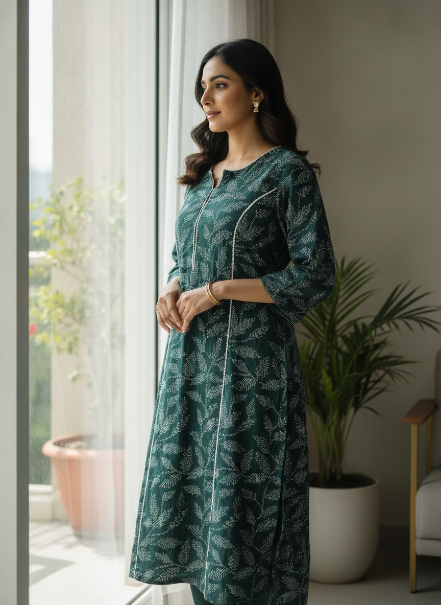 Dark Green Botanical Print Straight Kurti