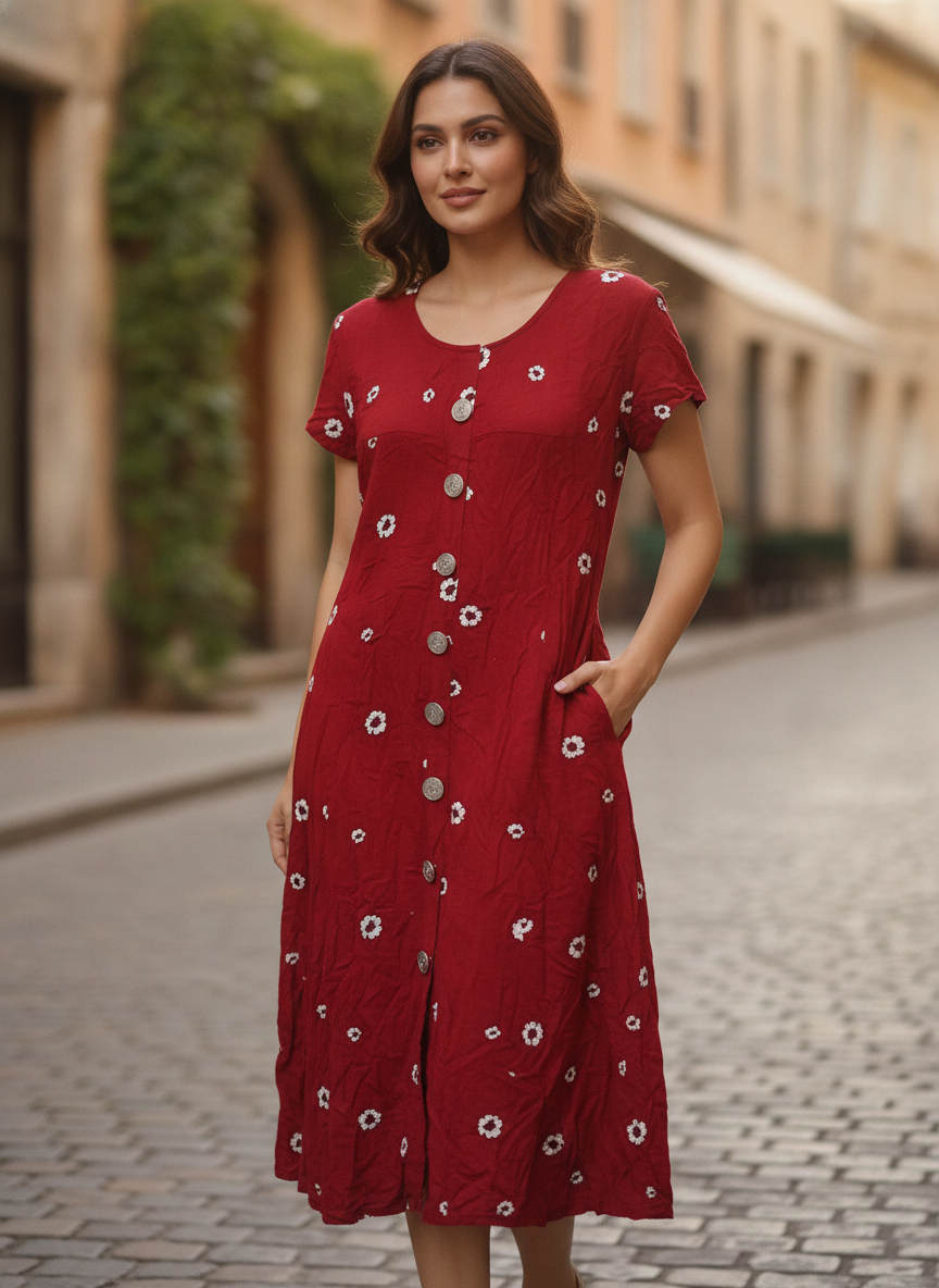 Red Printed Rayon Casual Dress