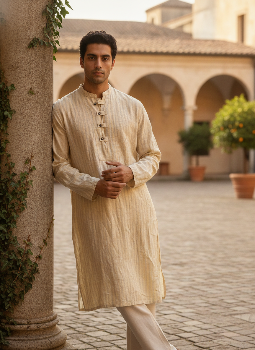 Light Beige Striped Regular Fit Kurta