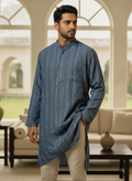 Fabindia Blue Self Design Silk Blend Kurta