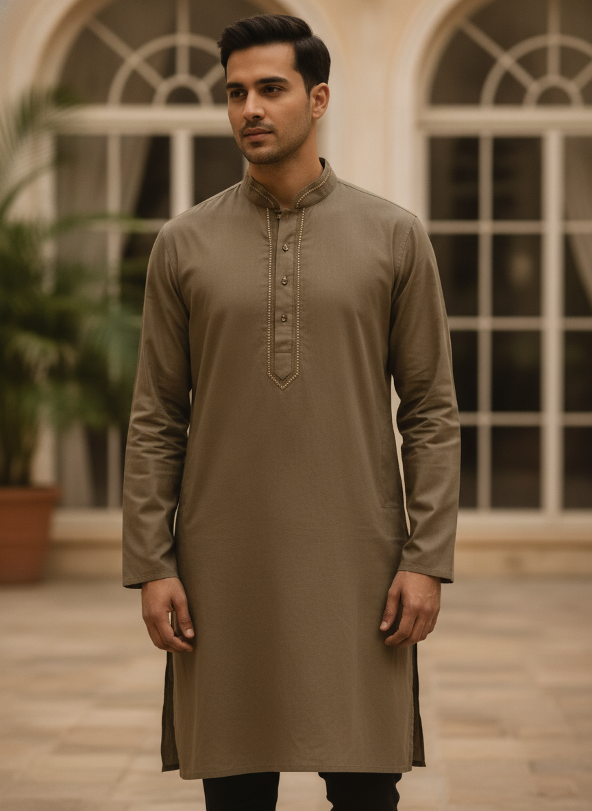 Men's Olive Embellished Cotton Kurta
