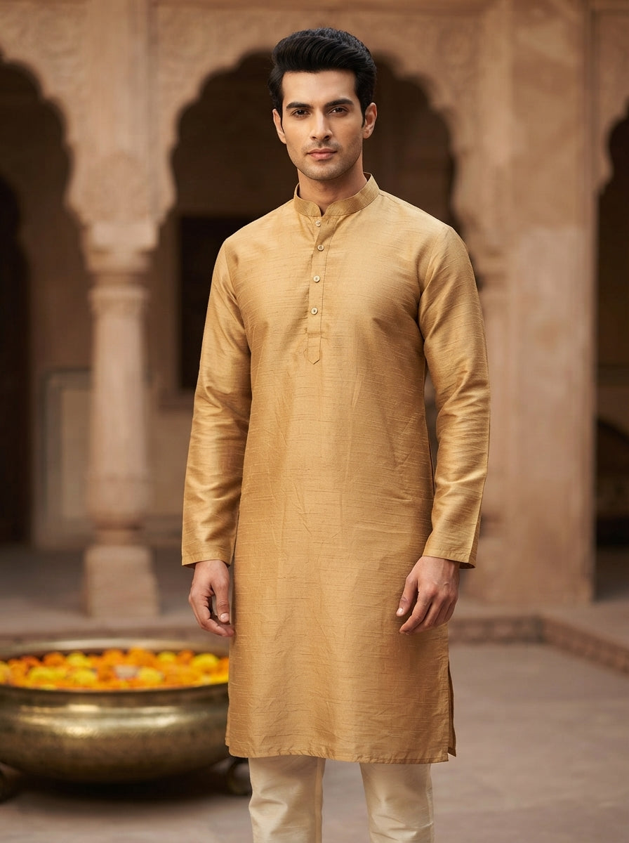 Men's Gold Textured Silk Kurta