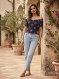 Navy Blue Floral Smocked Off-Shoulder Top