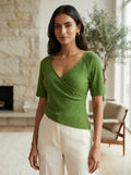 Women's Green Ribbed Wrap V-Neck Top