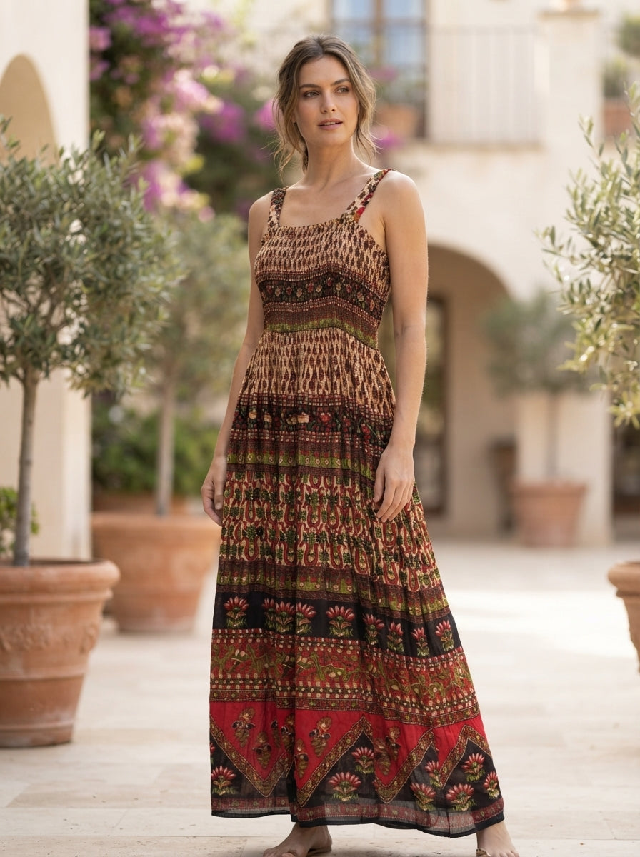 Multi-colored Ethnic Print Flared Maxi Dress