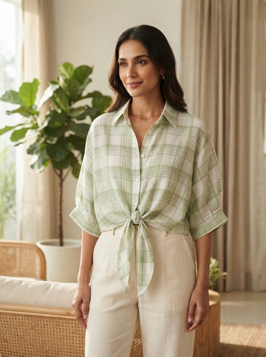Light Green Plaid Relaxed Fit Casual Shirt
