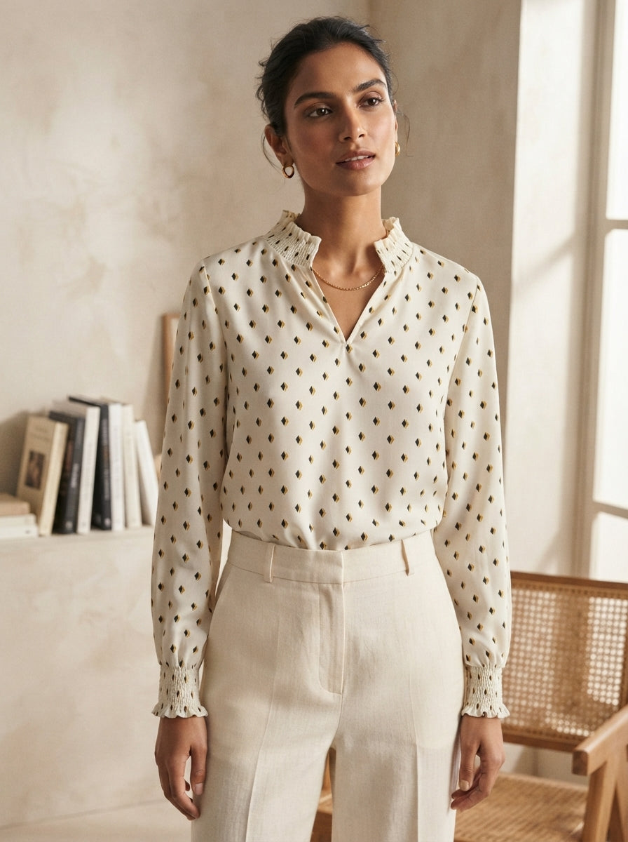 Women's Off White Geometric Printed Smocked Neck Top