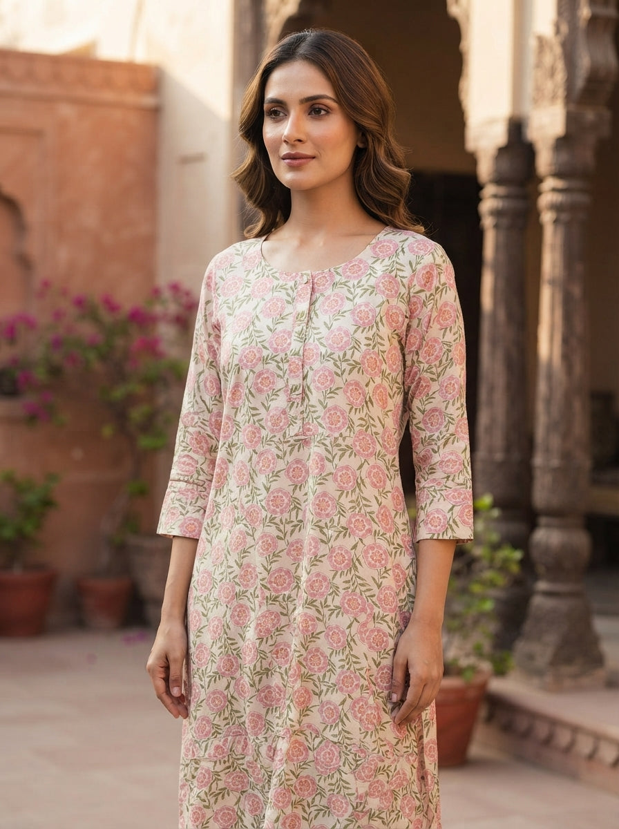Cream Floral Print Straight Kurti