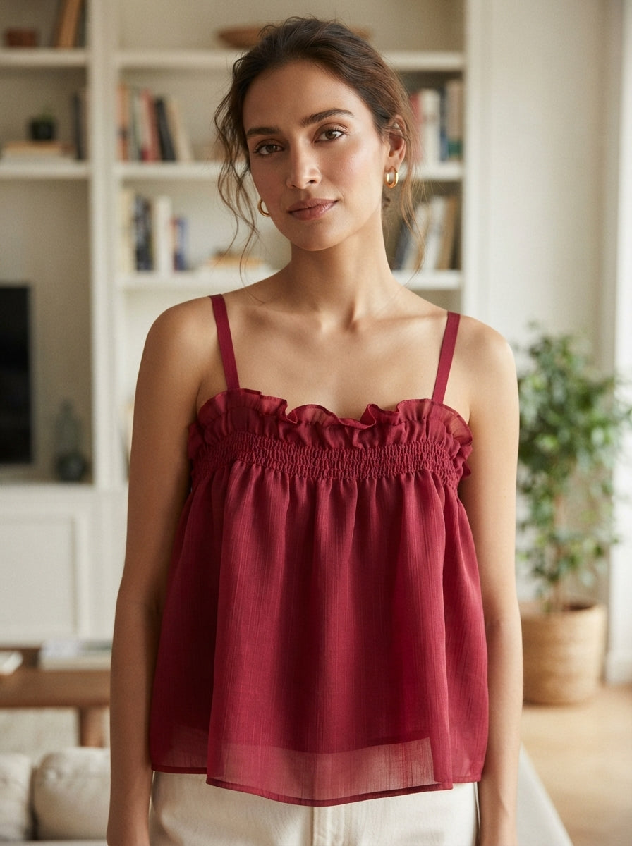 Women's Wine Relaxed Fit Smocked Top