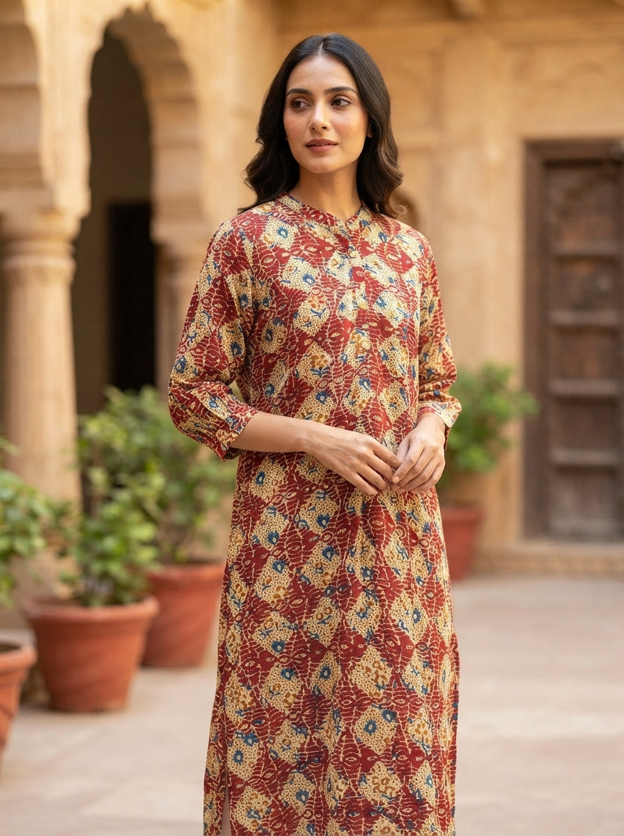 Women's Maroon and Beige Ethnic Print Kurti