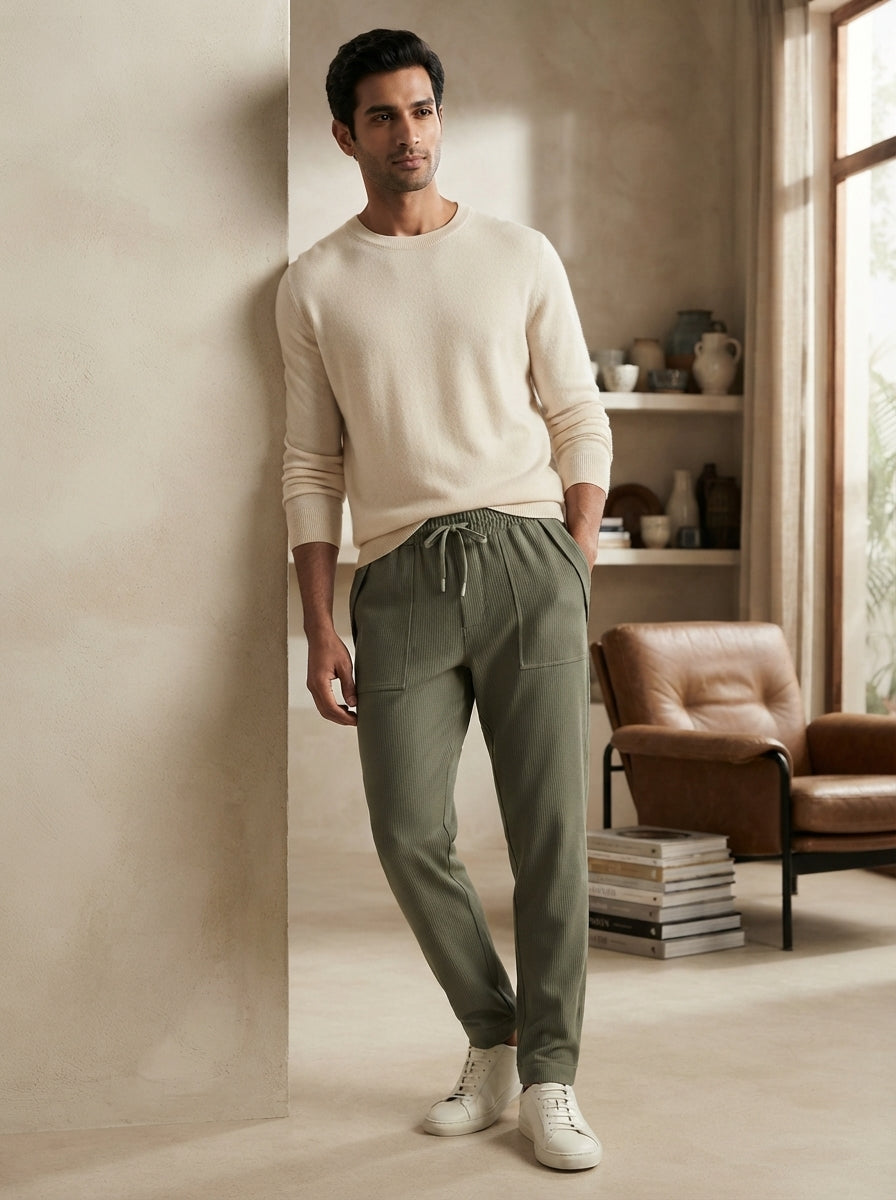 Olive Textured Relaxed Fit Casual Trousers