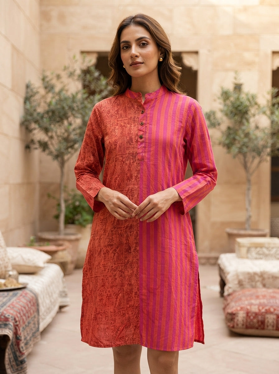 Multi-Color Ethnic Print & Striped Cotton Kurti