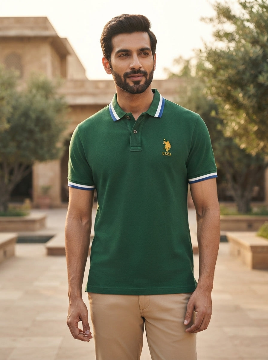 USPA Green Polo T-Shirt with Striped Collar and Cuffs